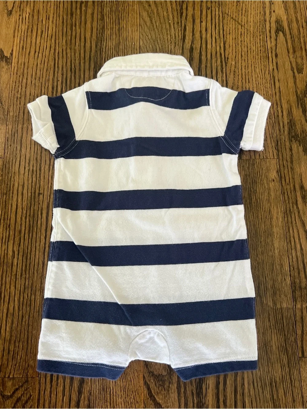 Ralph Lauren White & Navy Striped Polo Romper with Orange Pony